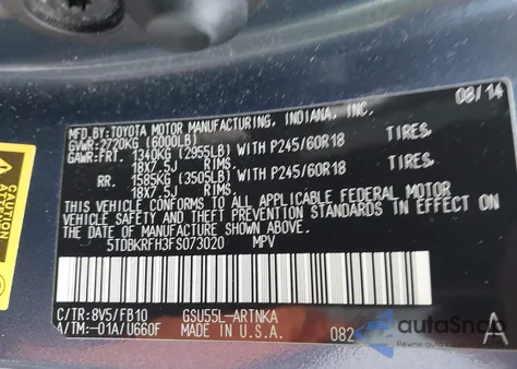 2015 Toyota Highlander Le V6 from USA, damaged, VIN 5TDBKRFH3FS073020